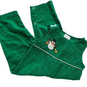Vintage 1980s Green Corduroy Christmas Snowman Embroidered Holiday Overalls